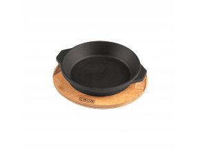 Litinový servírovací talíř/miska 16cm s dřevěným podstavcem