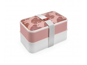 Obědový Bento Box s příborem - růžová monstera