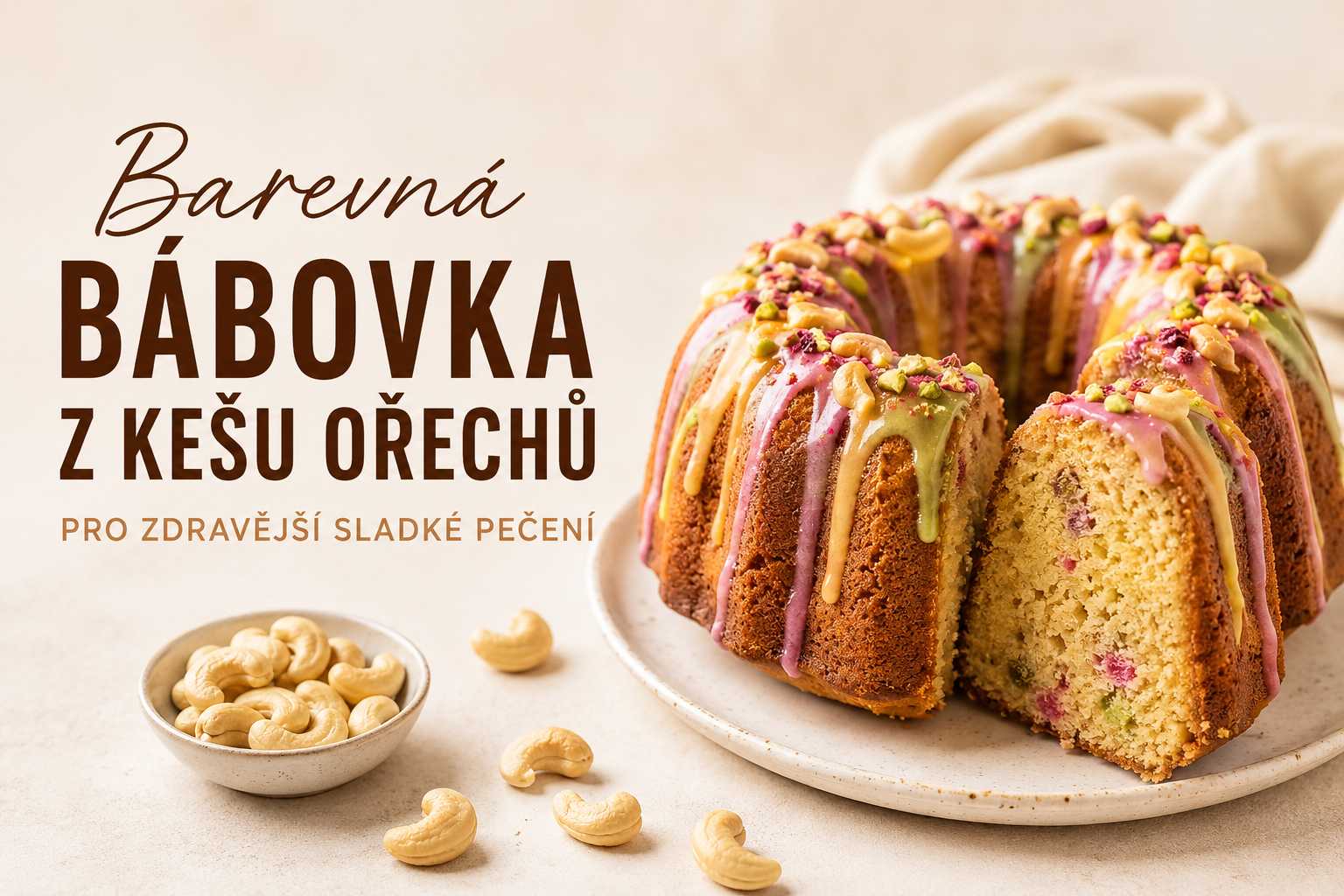 Barevná bábovka z kešu ořechů pro zdravější sladké pečení