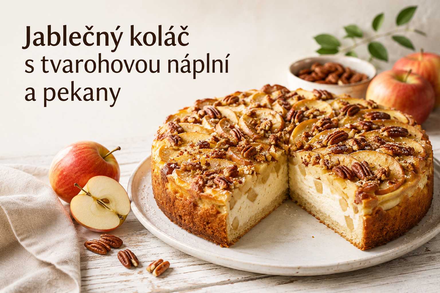 Jablečný koláč s tvarohovou náplní a pekany