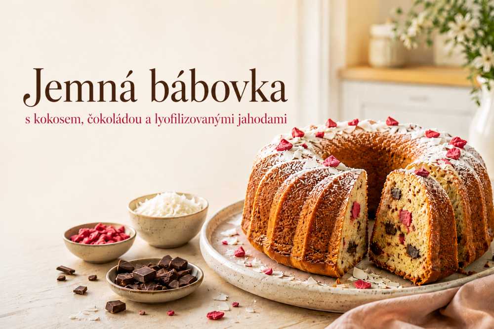 Jemná bábovka s kokosem, čokoládou a lyofilizovanými jahodami