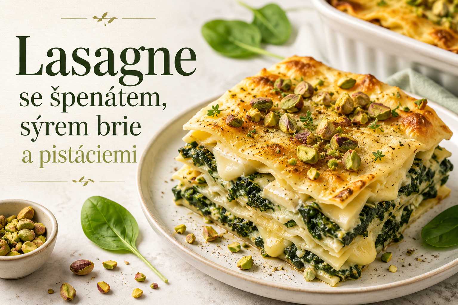 Lasagne se špenátem, sýrem brie a pistáciemi