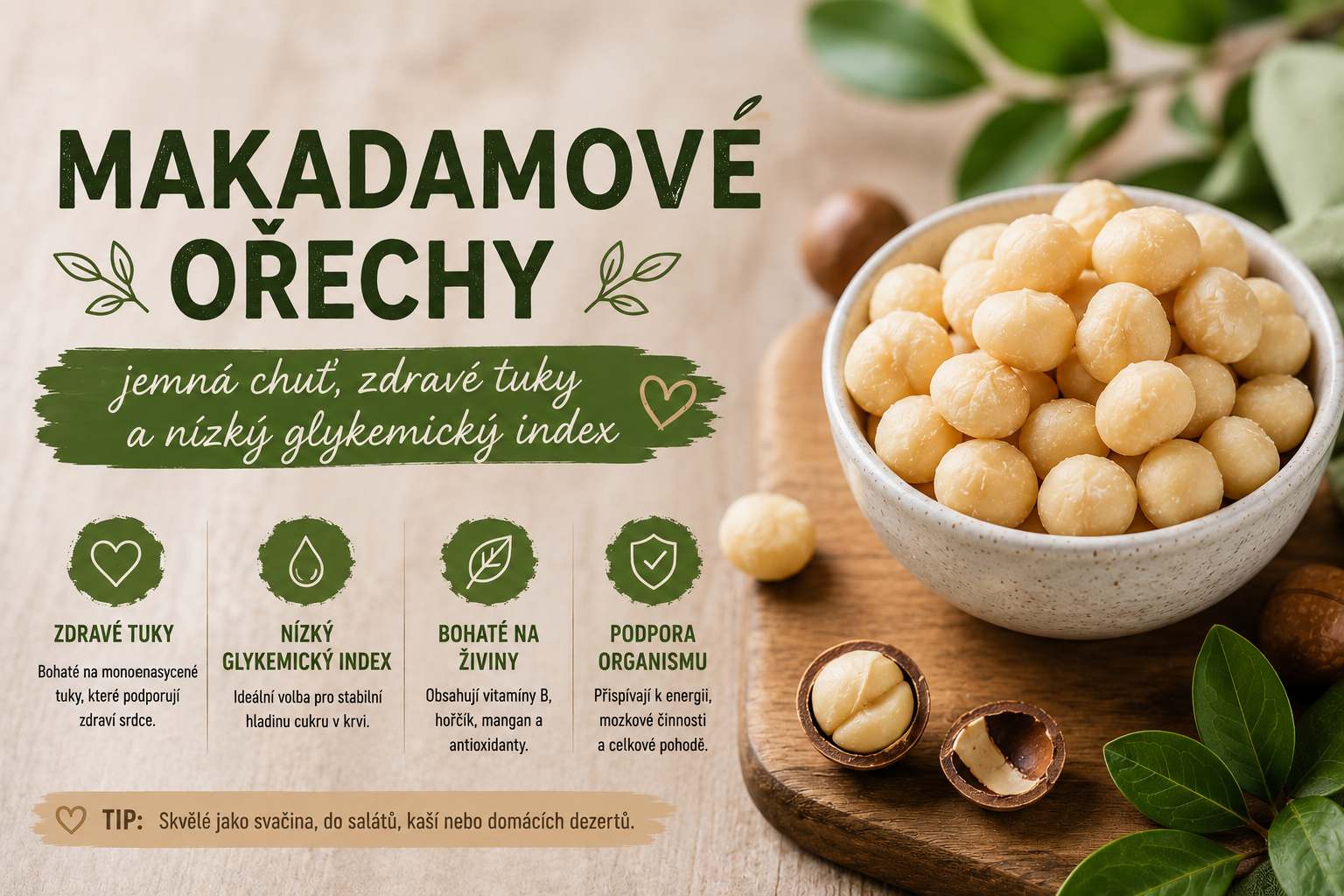 Makadamové ořechy: jemná chuť, zdravé tuky a nízký glykemický index