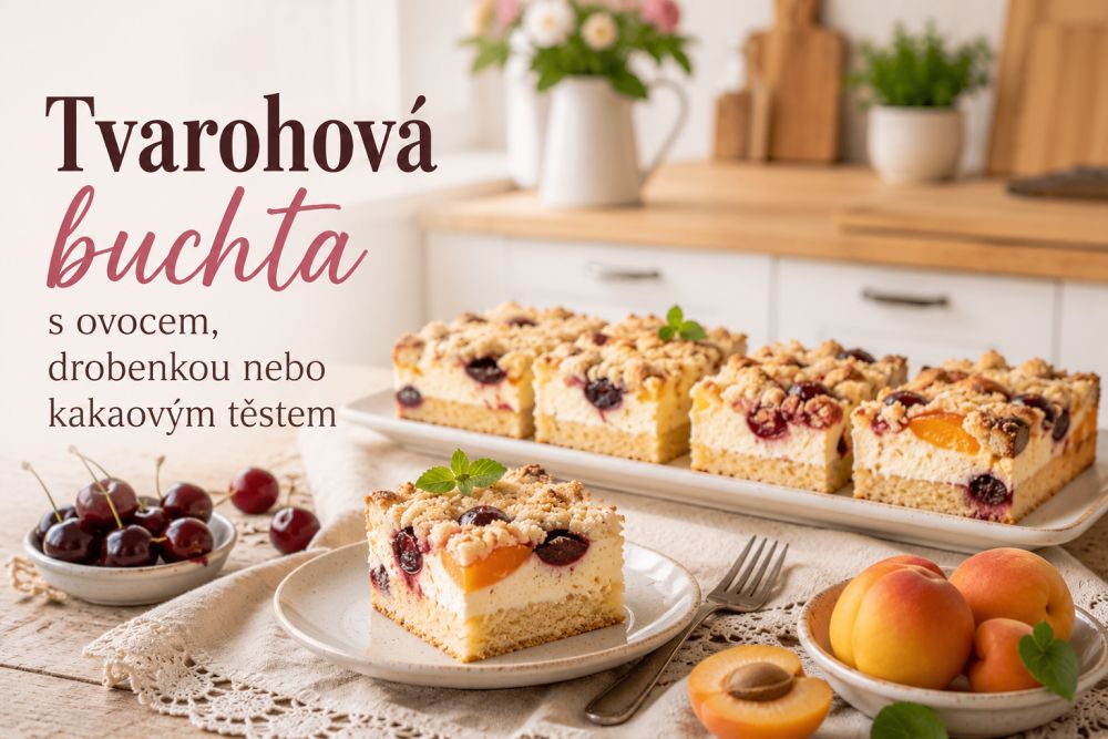 Tvarohová buchta s ovocem, drobenkou nebo kakaovým těstem