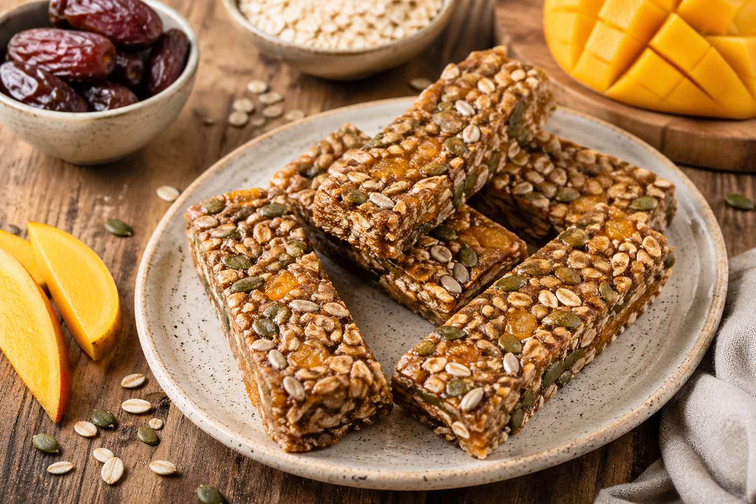Mango raw tyčinky z datlí, vloček a semínek pro rychlou svačinu