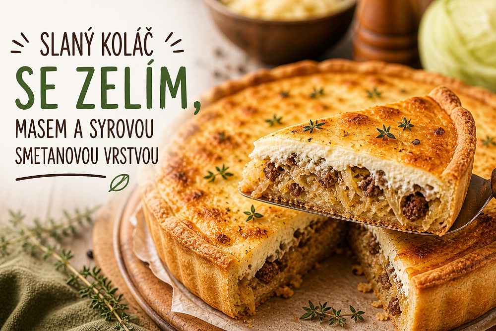 Slaný koláč se zelím, masem a sýrovou smetanovou vrstvou