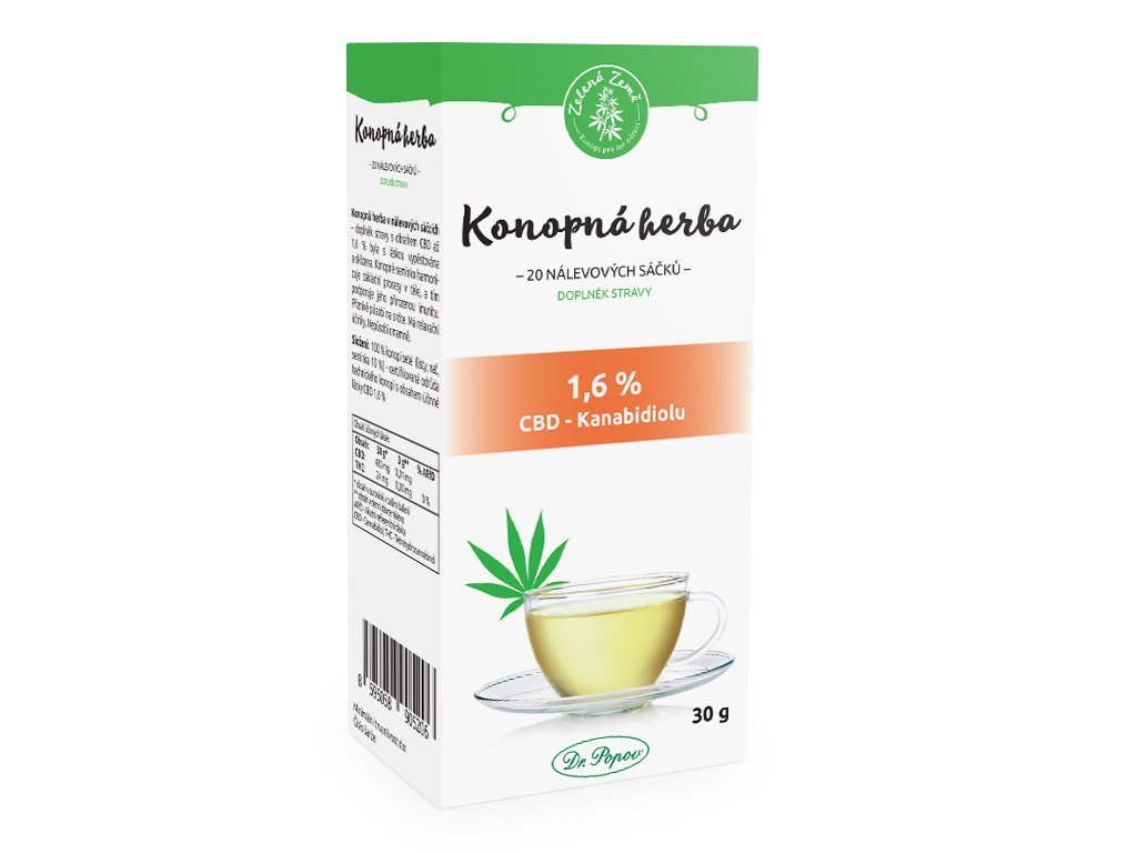 Zelená Země CBD konopný čaj porcovaný 1,6% CBD, 20 Sáčků