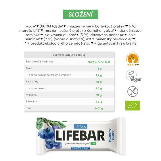 Lifebar Tyčinka borůvková s quinoou BIO RAW 40 g