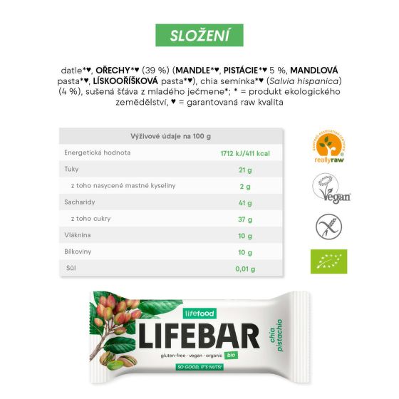 Lifebar Tyčinka pistáciová s chia BIO RAW 40 g