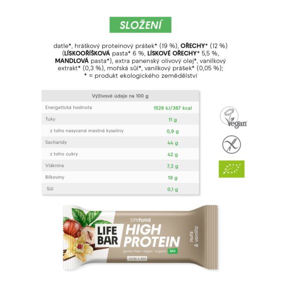 Lifebar Tyčinka proteinová s ořechy a vanilkou BIO RAW 40 g