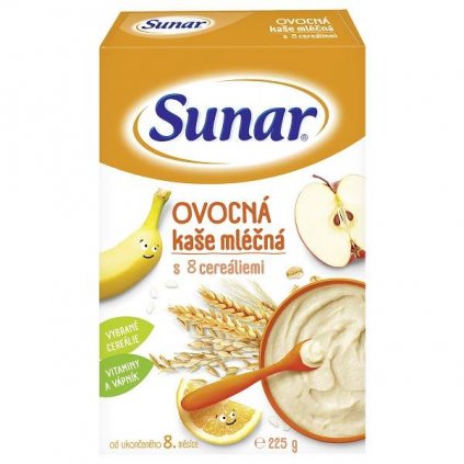 Sunar mléčná ovocná kaše s 8 cereáliemi 225g 