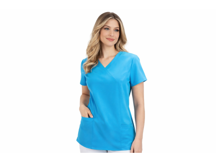 Módna v bledomodrej pracovnej uniforme