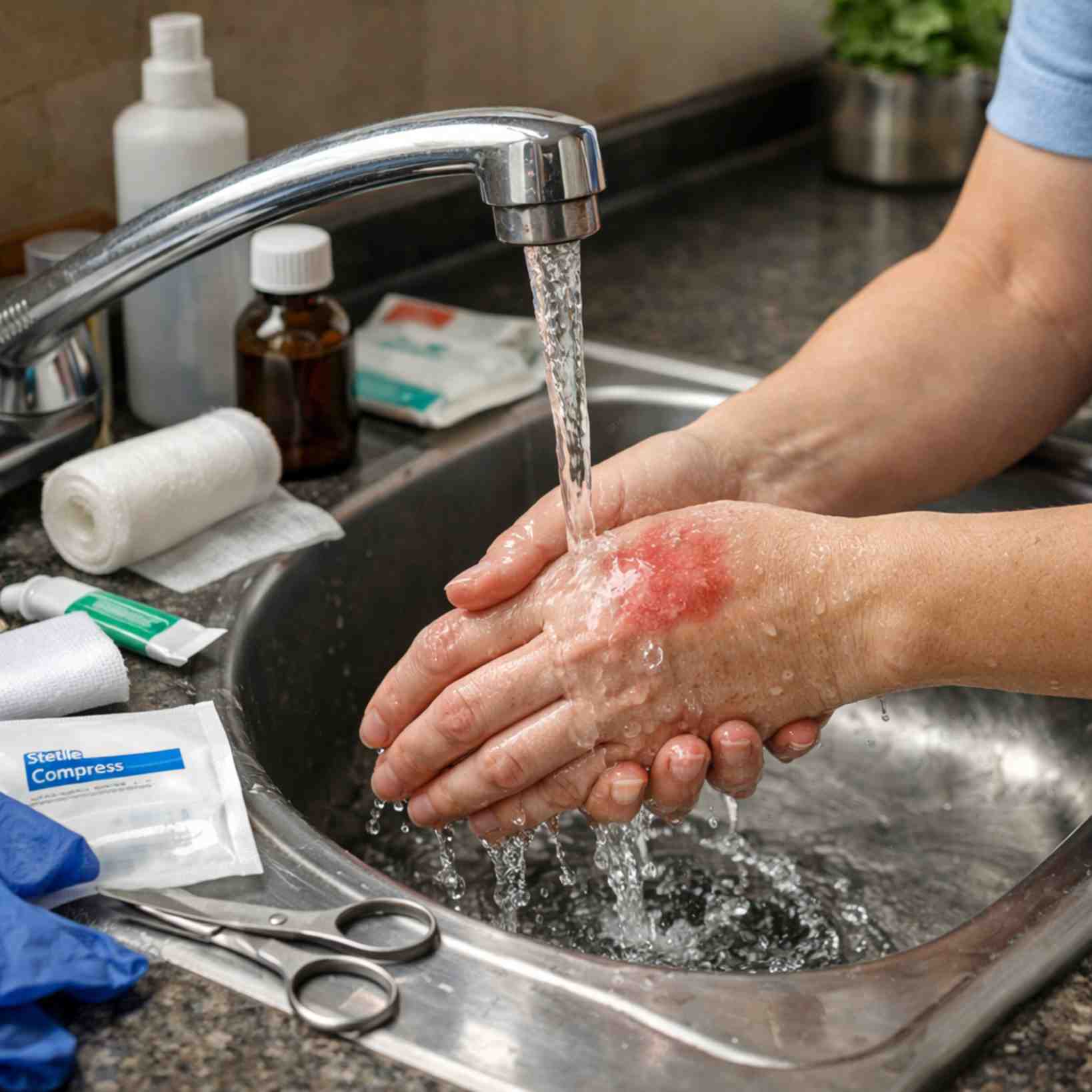 jak ošetřit popáleniny – chlazení popáleniny pod tekoucí vodou