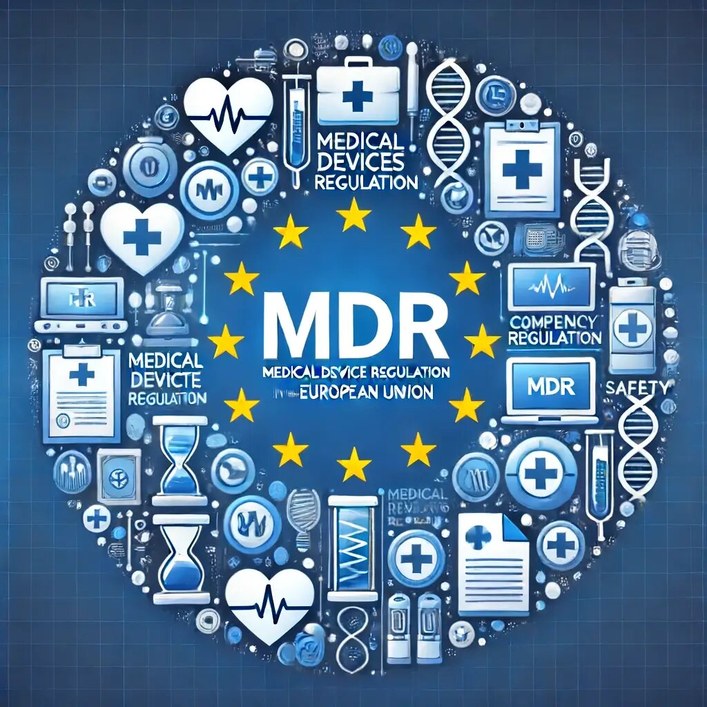 Medical Device Regulation - Evropská legislativa pro zdravotnické prostředky, symbolizovaná dokumentem a zdravotnickými zařízeními