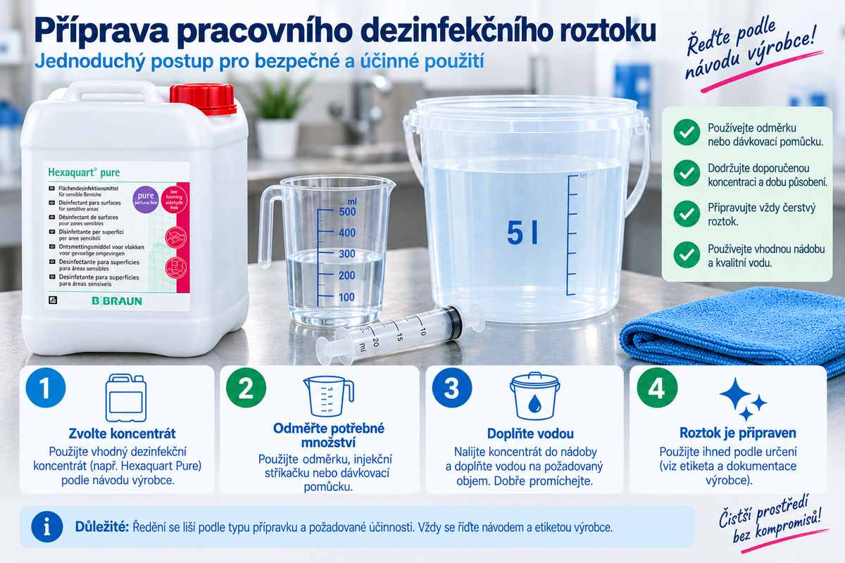 Příprava pracovního dezinfekčního roztoku z koncentrátu podle návodu výrobce
