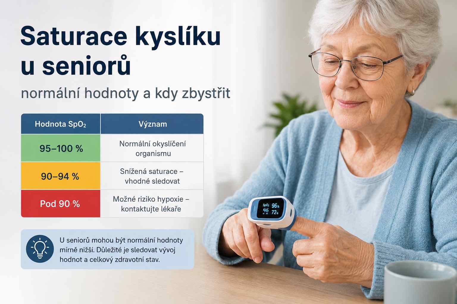 Saturace kyslíku u seniorů – normální hodnoty SpO₂ a měření oxymetrem
