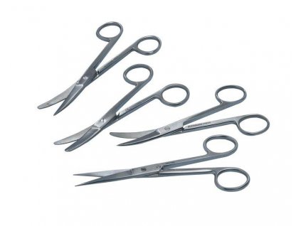 Chirurgické nůžky zahnuté hrotnaté 14–15 cm připravené k operačnímu použití