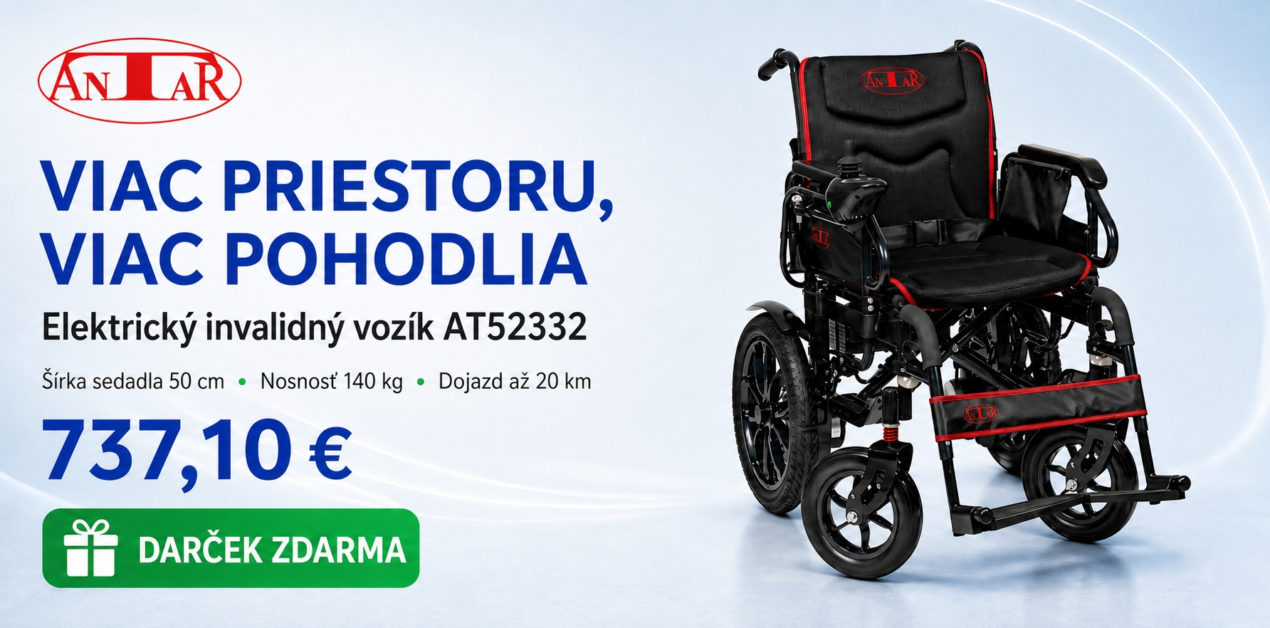 Elektrický invalidný vozík skladací - šírka 50 cm, nosnosť 140 kg AT52332
