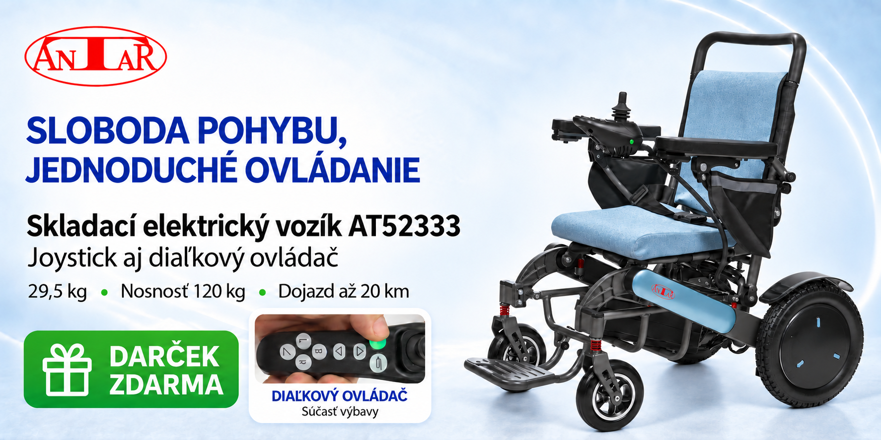 Skladací elektrický invalidný vozík (joystic + diaľkový ovládač)