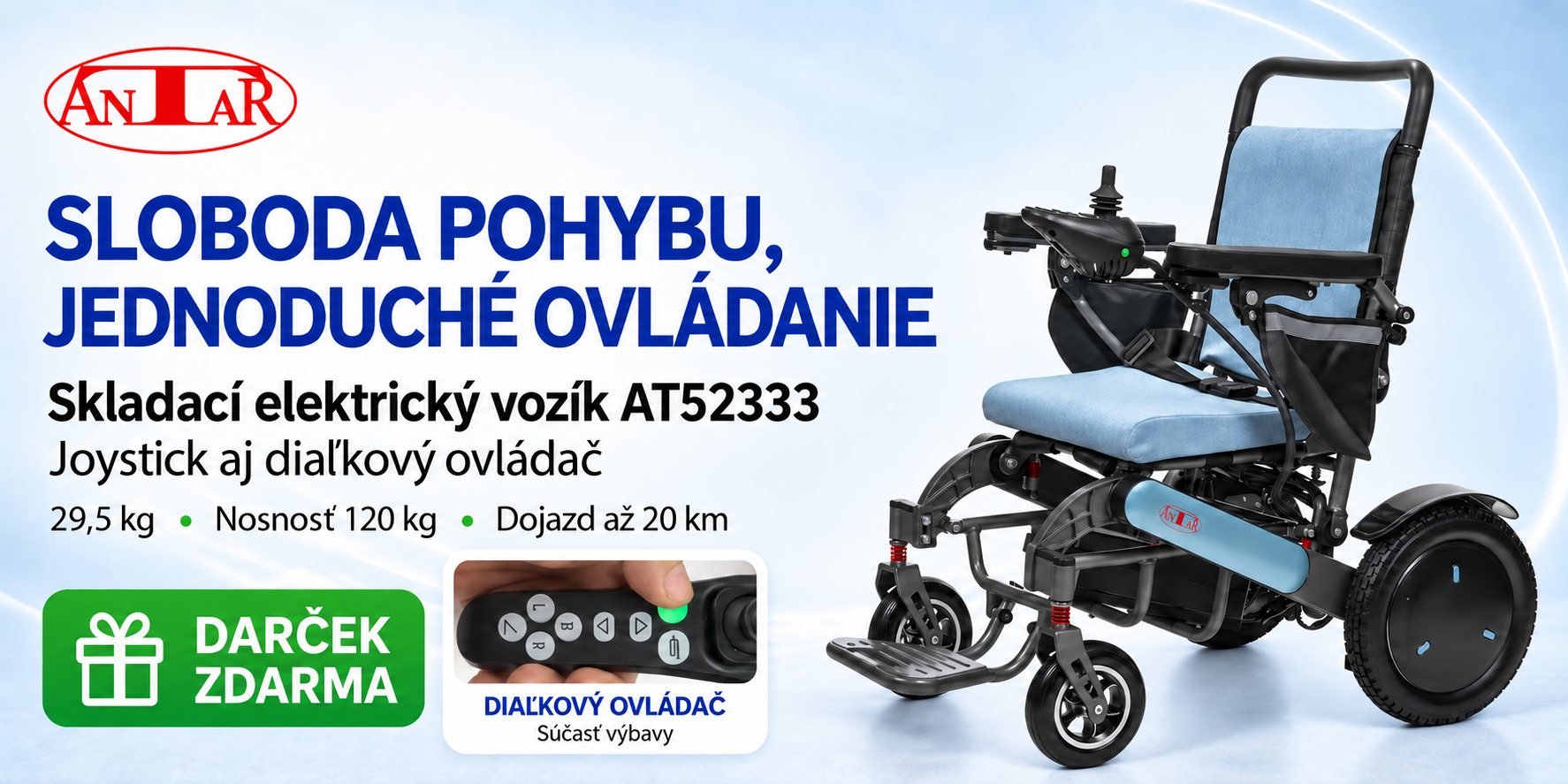 Skladací elektrický invalidný vozík (joystic + diaľkový ovládač)