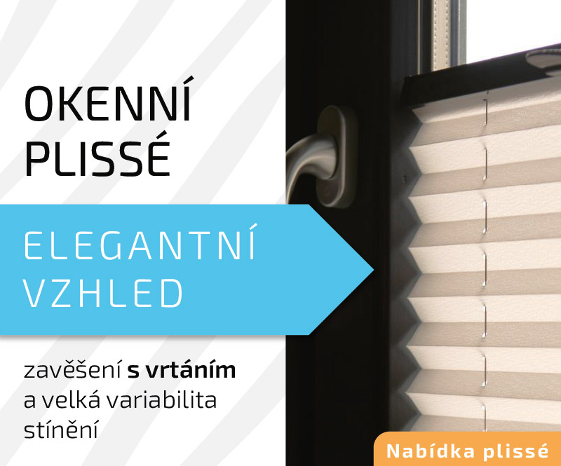 Plissé rolety s invazivní montáží - vrtáním do zasklívacích lišt. Zastiňující i zatemňující látky. Elegantní vzhled a jednoduchá montáž.