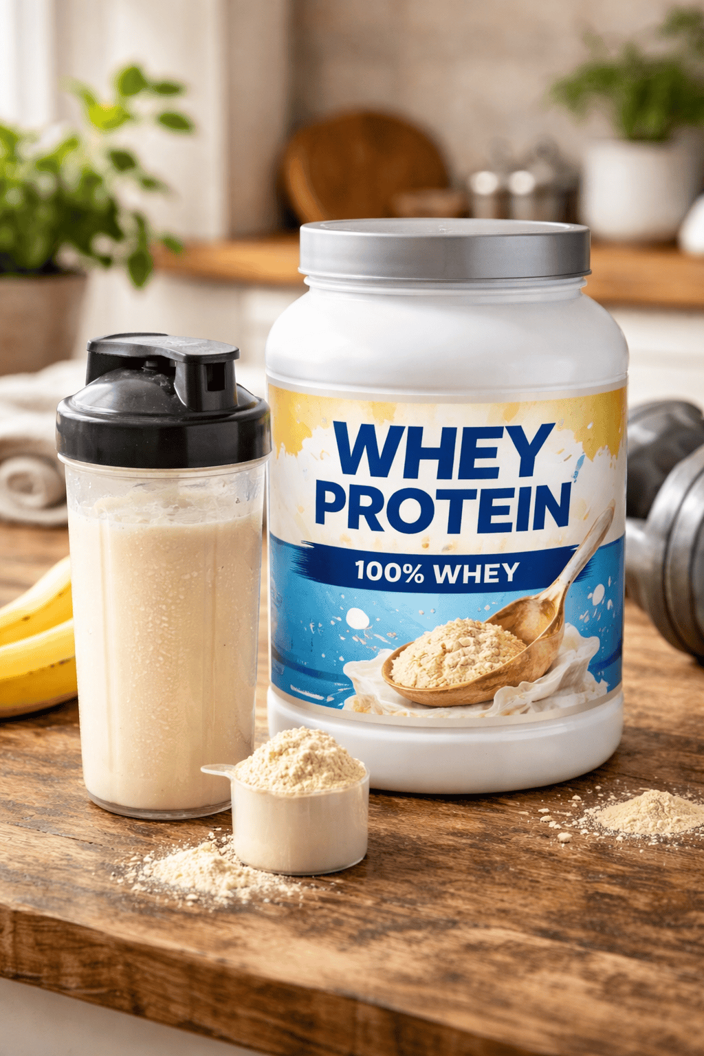 Syrovátkový protein (whey) – dóza a proteinový nápoj, bez značek