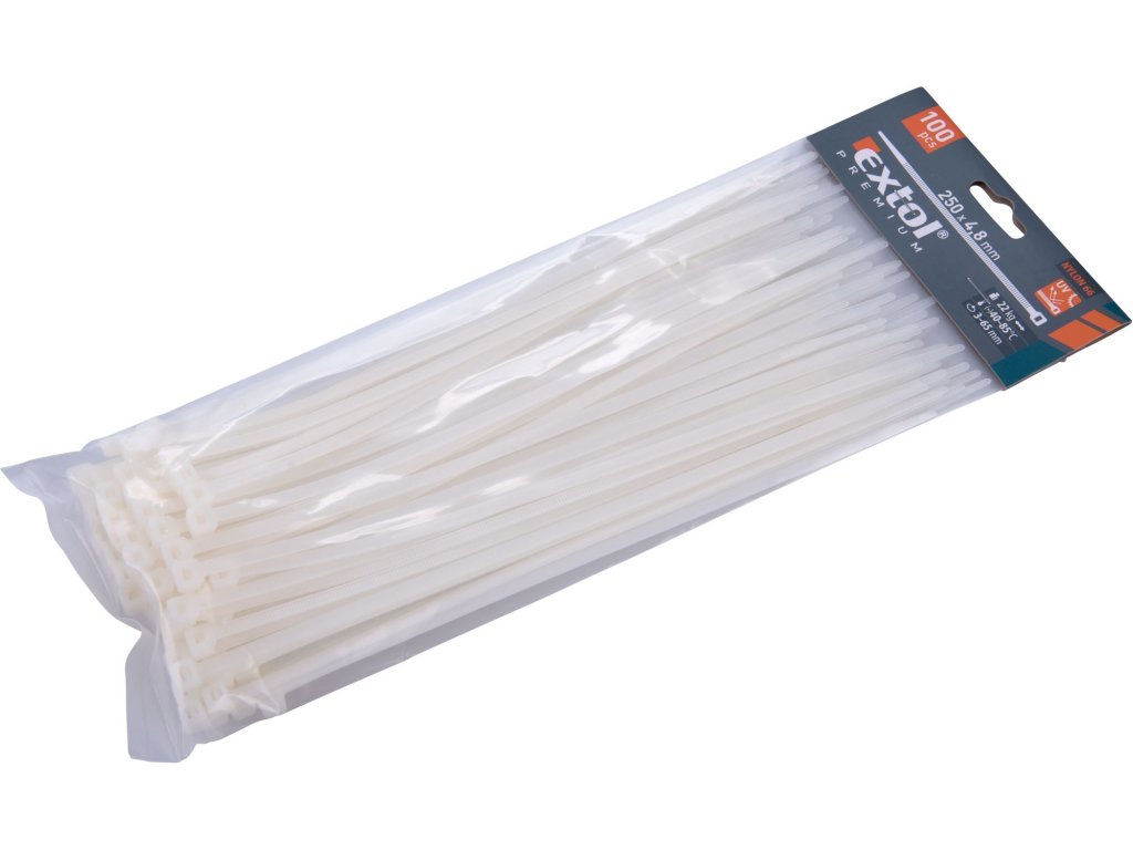 pásky stahovací na kabely bílé, 250x4,8mm, nylon PA66