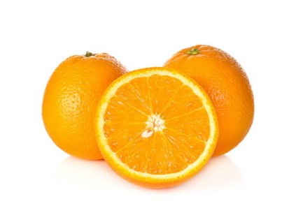 whole and cut ripe orange on white background
