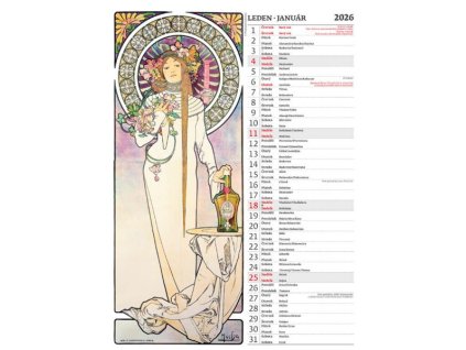 KALENDÁŘ 2026  - ALFONS MUCHA (ČESKÉ/SLOVENSKÉ JMENNÉ KALENDÁRIUM)