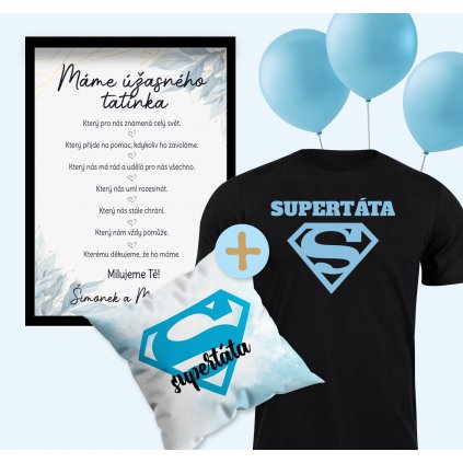 MAXI dárkový set - Plakát s věnováním, polštář, tričko + 3ks balonků SUPERTÁTA