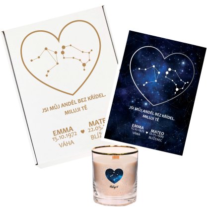 100X100 SET SOUHVĚZDÍ PLAKÁT SVÍČKY+ KRABIČKA BEZ POZADÍ TMAVÝ BÍLÝ RÁM