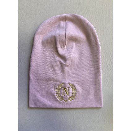 Jarní čepička se zlatou výšivkou N, růžová