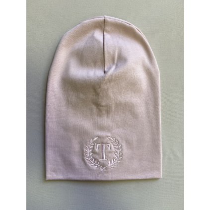 Jarní čepička s růžovou výšivkou T, růžová