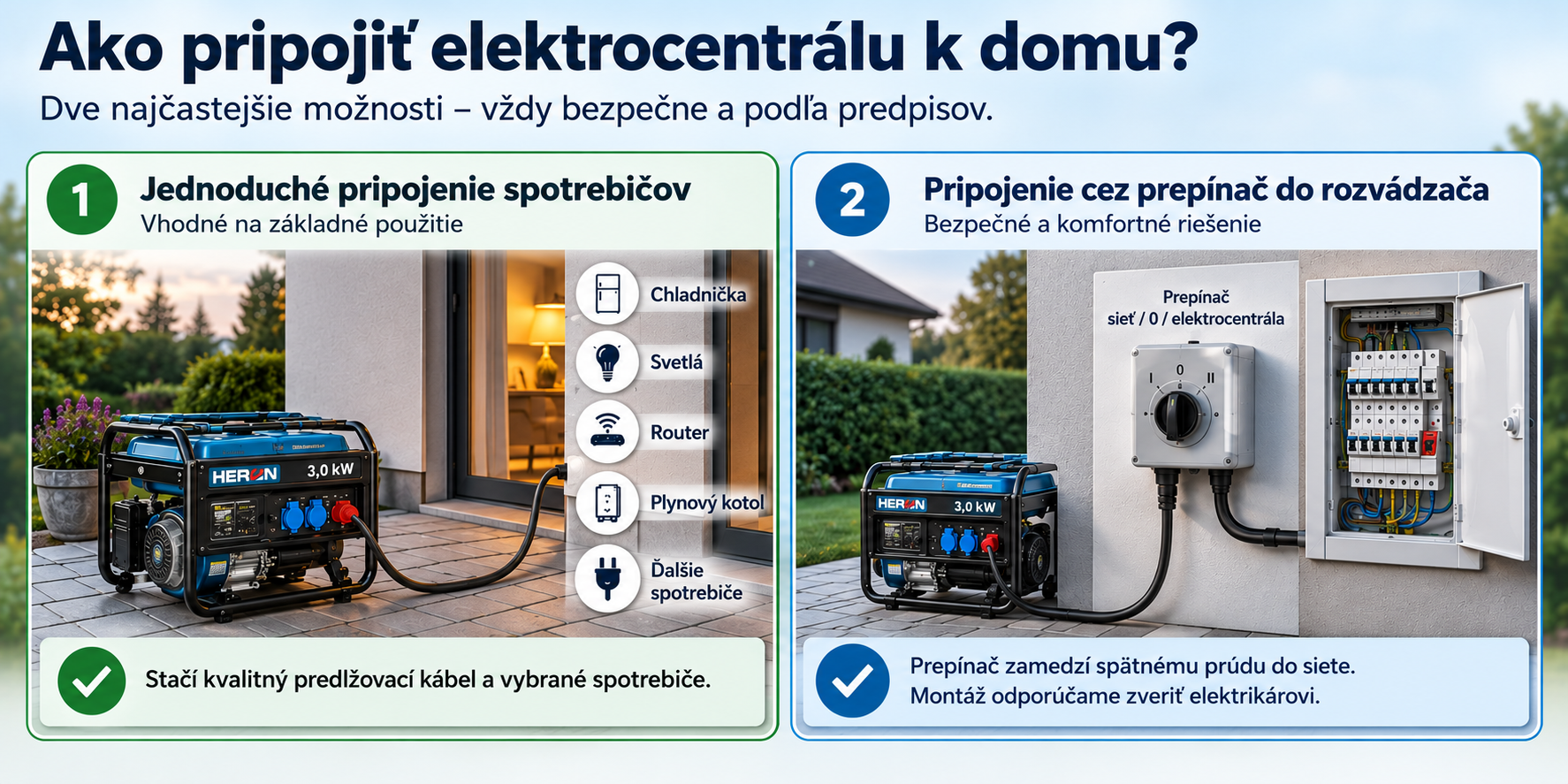 Ako pripojiť elektrocentrálu k domu: spotrebiče predlžovacím káblom alebo celý dom cez prepínač v rozvádzači