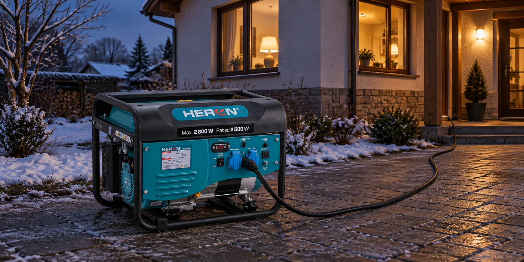 Elektrocentrála pre rodinný dom stojí vonku pred domom počas zimného výpadku prúdu