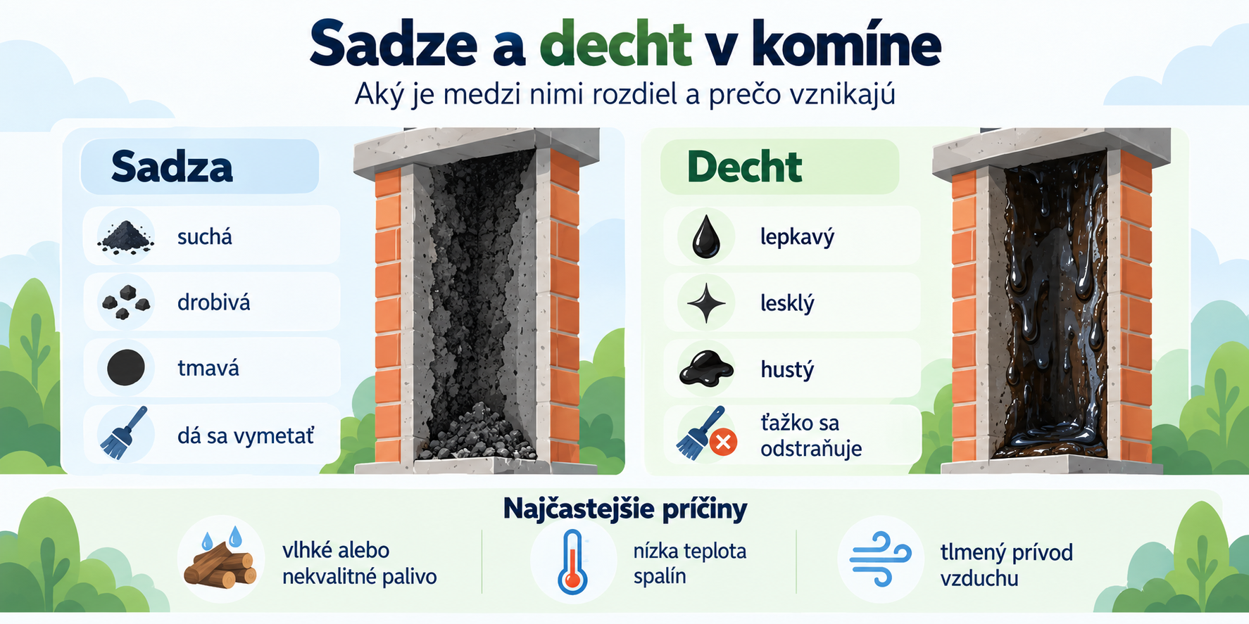 Rozdiel medzi sadzami a dechtom v komíne