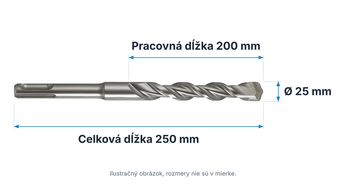 Technický nákres vrtáka do betónu SDS-plus Bosch 2608836649: celková dĺžka 250 mm, pracovná dĺžka 200 mm, priemer 25 mm