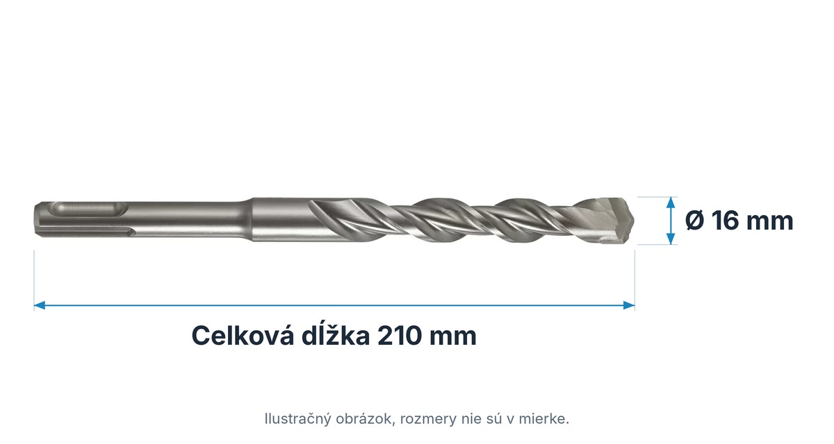 Technický nákres vrtáka do betónu SDS-plus Extol Premium 8801433: celková dĺžka 210 mm, priemer 16 mm