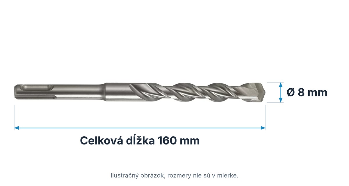 Technický nákres vrtáka do betónu SDS-plus Extol Premium 8801711: celková dĺžka 160 mm, priemer 8 mm