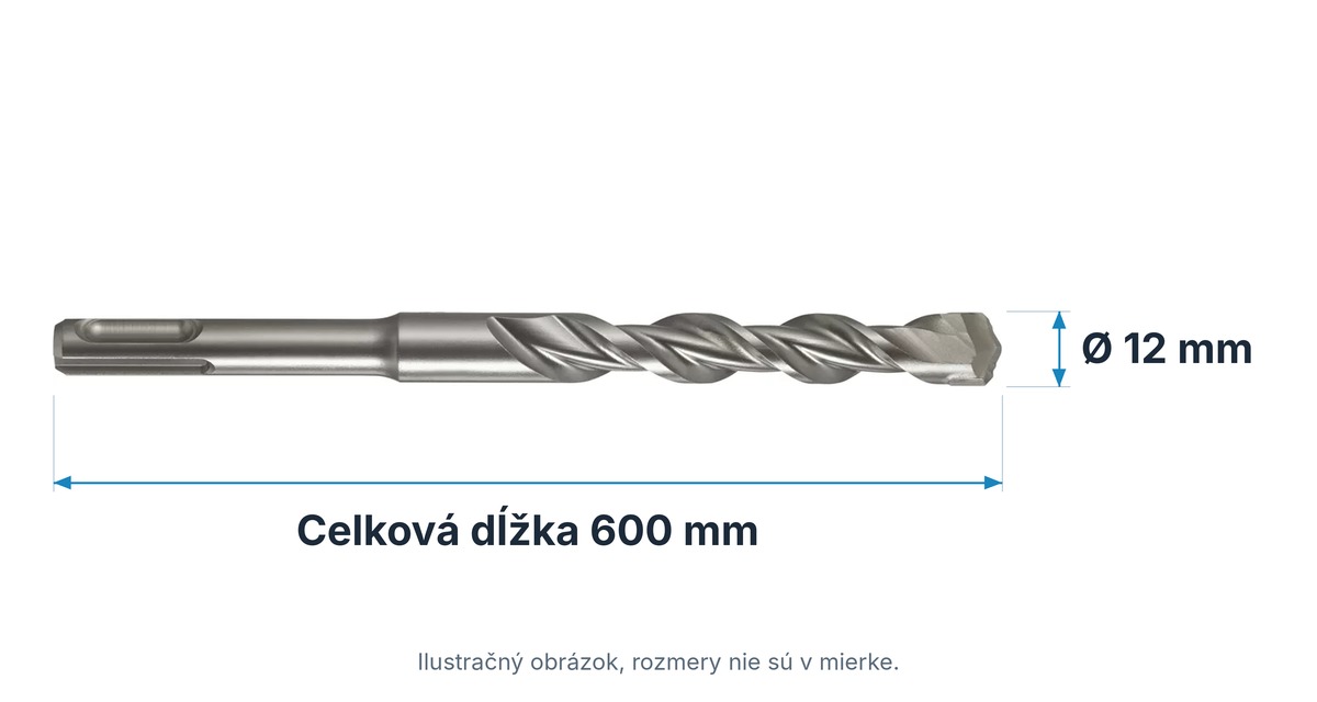 Technický nákres vrtáka do betónu SDS-plus Extol Premium 8801725: celková dĺžka 600 mm, priemer 12 mm