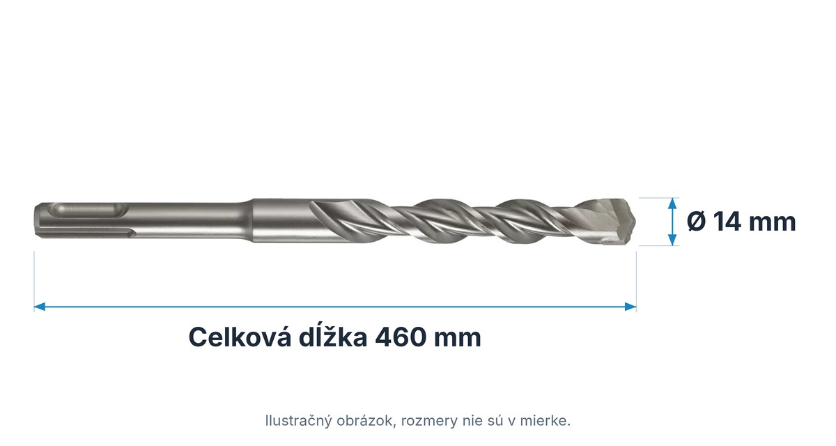 Technický nákres vrtáka do betónu SDS-plus Extol Premium 8801730: celková dĺžka 460 mm, priemer 14 mm