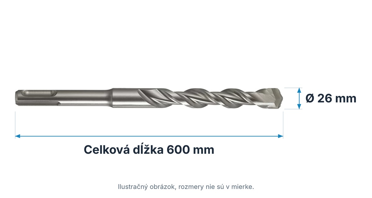 Technický nákres vrtáka do betónu SDS-plus Extol Premium 8801752: celková dĺžka 600 mm, priemer 26 mm