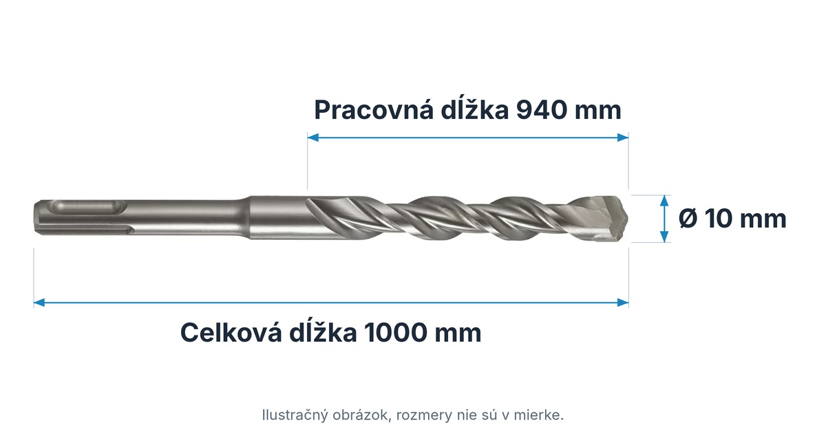 Technický nákres vrtáka do betónu SDS-plus Makita B-47634: celková dĺžka 1000 mm, pracovná dĺžka 940 mm, priemer 10 mm