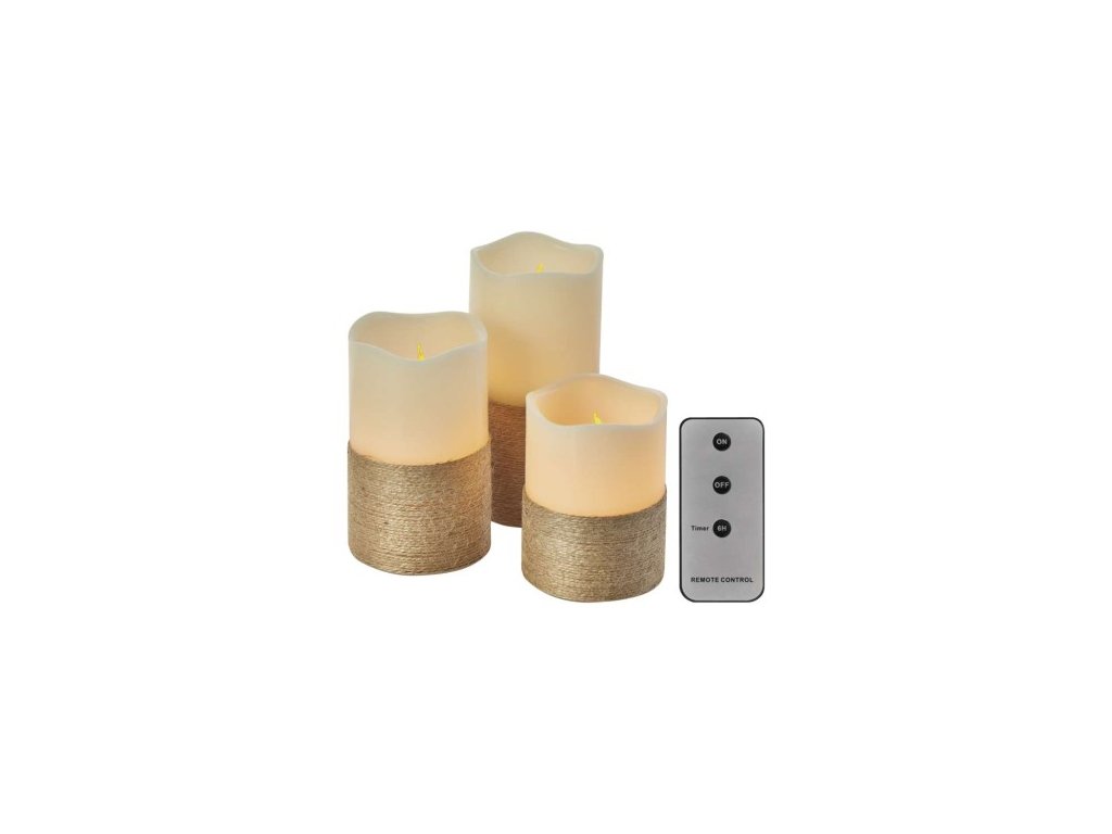 LED dekorácia – 3x vosková sviečka s povrázkom, 3x 3x AAA, vnútorná, vintage, ovládač