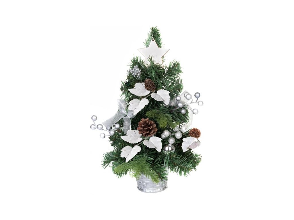 Stromček MagicHome Vianoce, ozdobený, strieborný, s listami, 40 cm