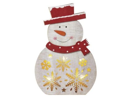 LED vianočný snehuliak drevený, 30 cm, 2x AAA, vnútorný, teplá biela, časovač