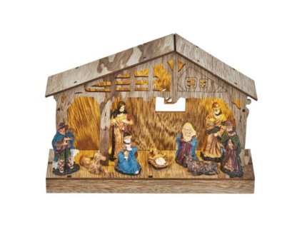 LED vianočný betlehem drevený, 19 cm, 3x AA, vnútorný, teplá biela, časovač