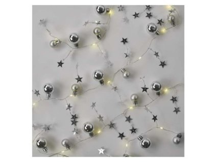 LED vianočná girlanda – strieborné guličky, 1,9 m, 2x AA, vnútorný, teplá biela, časovač