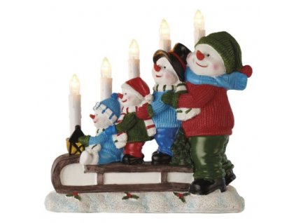 LED svícen – sněhuláci na saních, 24 cm, 2x AA, vnitřní, teplá bílá, časovač