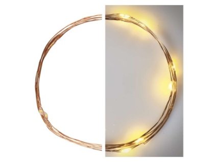 LED vianočná nano reťaz medená, 0,9 m, 2x AA, vnútorná, teplá biela, časovač